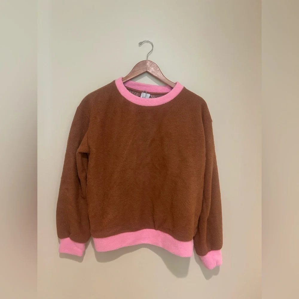 Maeve Anthropologie Brown Plush Oversized Crewneck Sweater w/ Pink Trim Size XS